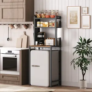 MAHANCRIS Bakers Rack with Mini Fridge Stand, 3-Tier Kitchen Microwave Stand, Coffee Bar Station, with Tissue Holder and Oxford Fabric Pockets, Freestanding Kitchen Storage Rack, for Kitchen, Office, Rustic Brown and Black #SummerVibes