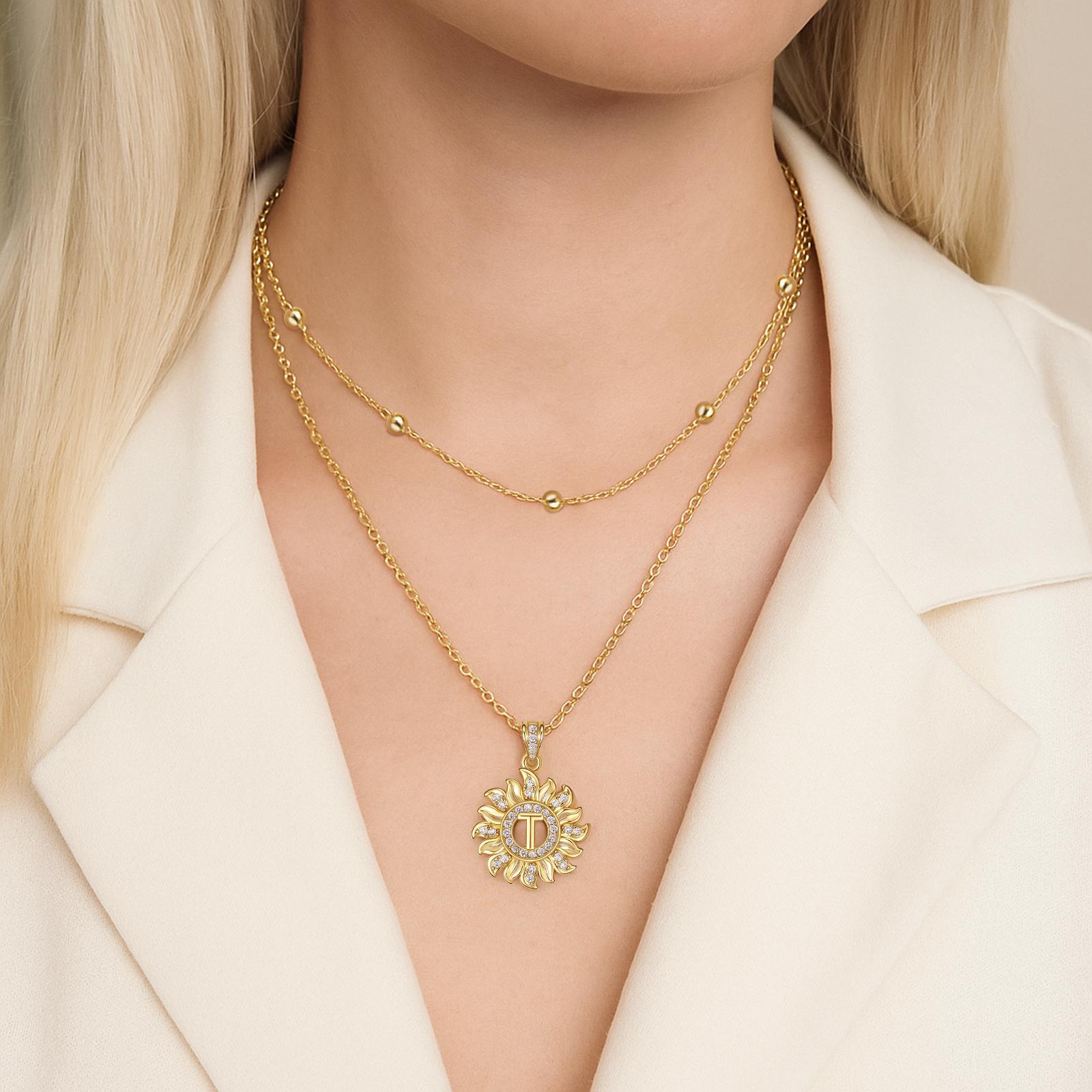 MEIITRUE Personalized Sunflower Initial Necklace 14K Gold Plated Letter Pendant with Sparkling Zirconia Adjustable Chain Hypoallergenic Jewelry for Women & Girls