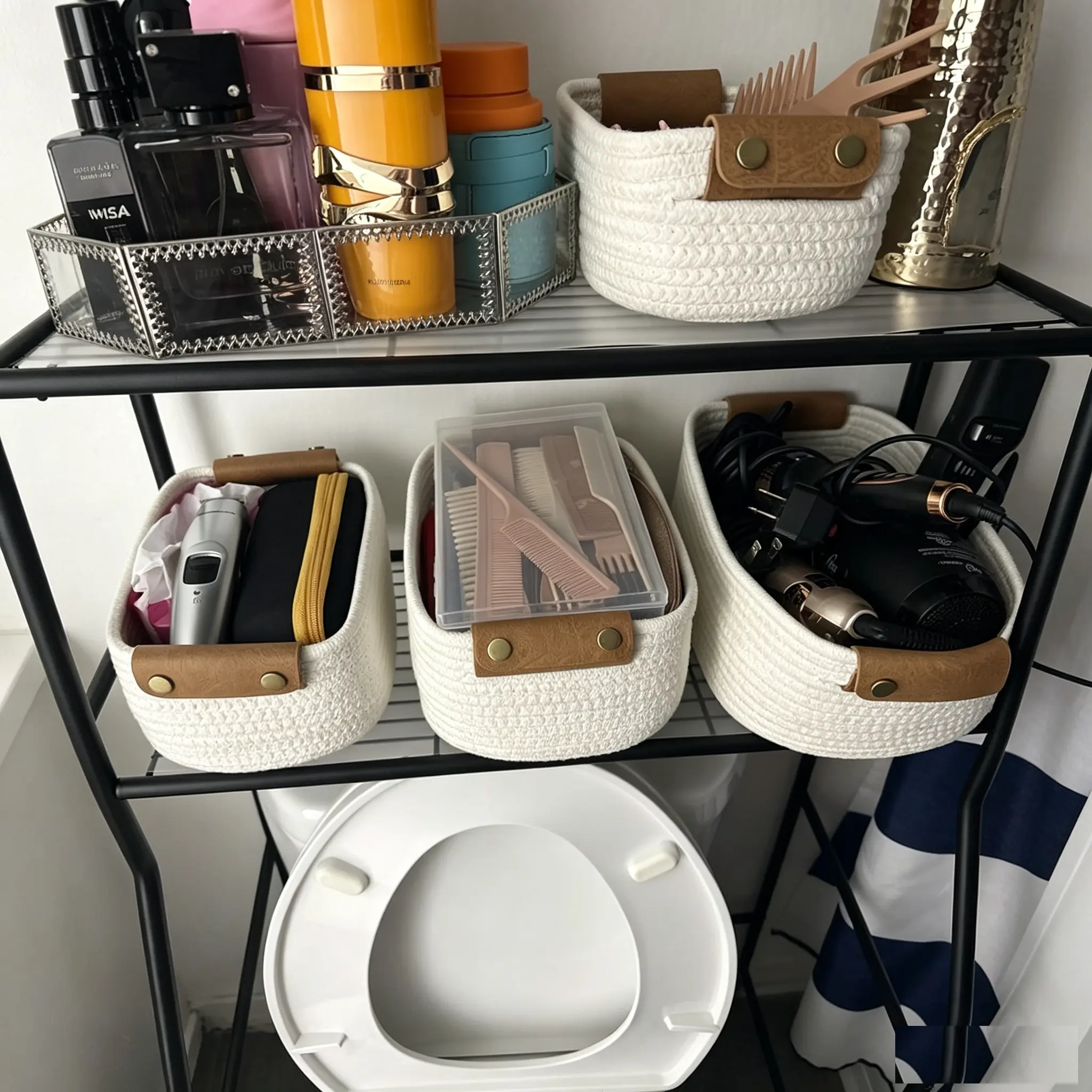 Classic 5-Piece Cotton Rope Fabric Basket Set - Sturdy Space-Saving Storage Basket Organizer with Handles for Shelf Storage, Multifunctional Rectangular Home Organizers for Nursery/Bedroom Decor