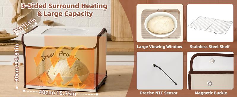 Folding Bread Proofing Box with Temp Control (50-113℉) & 48H Timer, Sourdough Proofer Box with Stainless Steel Rack, Preset Modes Dough Proofer Box for Sourdough, Making Bread, Yogurt, Pizza, Kombucha