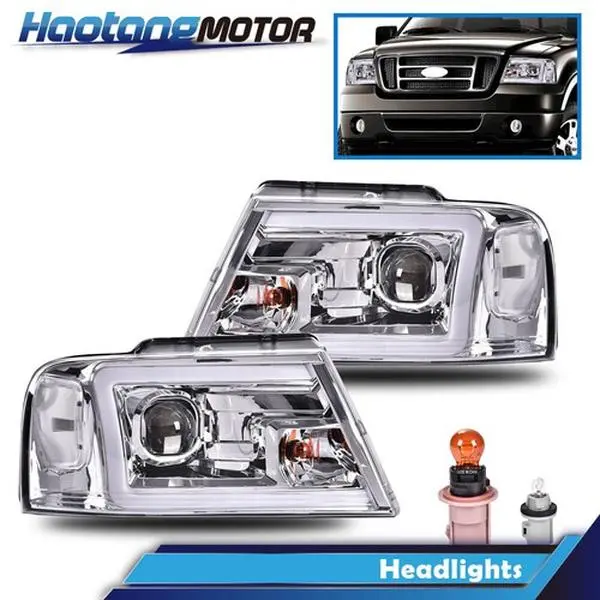 CROSSDESIGN LED DRL Projector Headlights - White LED Front Lights, Car Lighting, Amber Reflector, Smoke Lens Pair Set for 04-08 Ford F-150, Mark LT - Car Exterior Upgrade