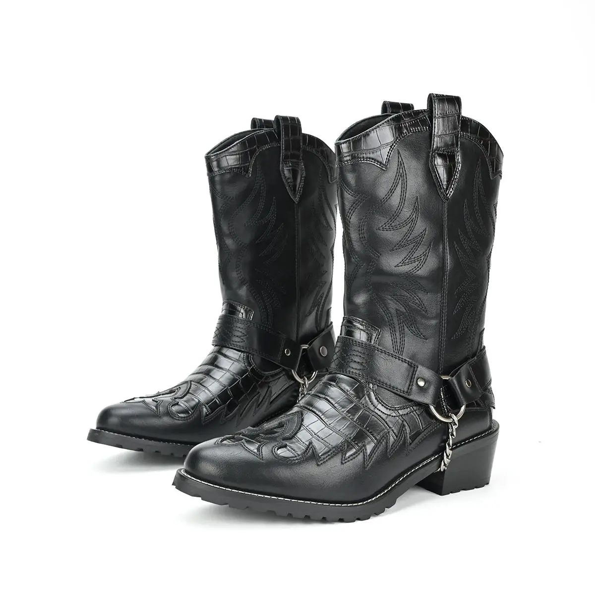 Black Cowboy Boots for Men - Embossed Alligator Design, Buckle Strap & Chain Accent, Mid - Calf Western Riding Footwear Black Leather Cowboy Boots for Men - Alligator Print, Buckle Chain Decor, Mid - Calf Western Style Riding & Casual Boots