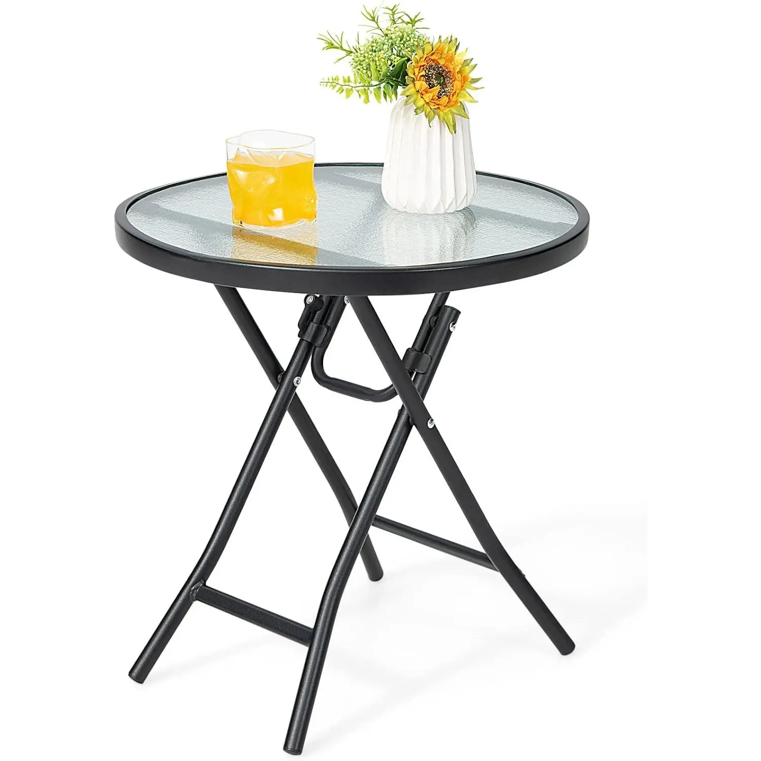 Foldable Classic Round Outdoor Table Furniture - 18"x18"x18.5" Tempered Glass Top, Steel Frame Weatherproof Round Patio Table for Bistro, Porch, Indoor Use