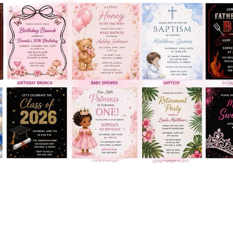 Custom Invitations for Weddings, Birthdays - Personalized, High-Quality Paper Cards with Custom Text & Designs