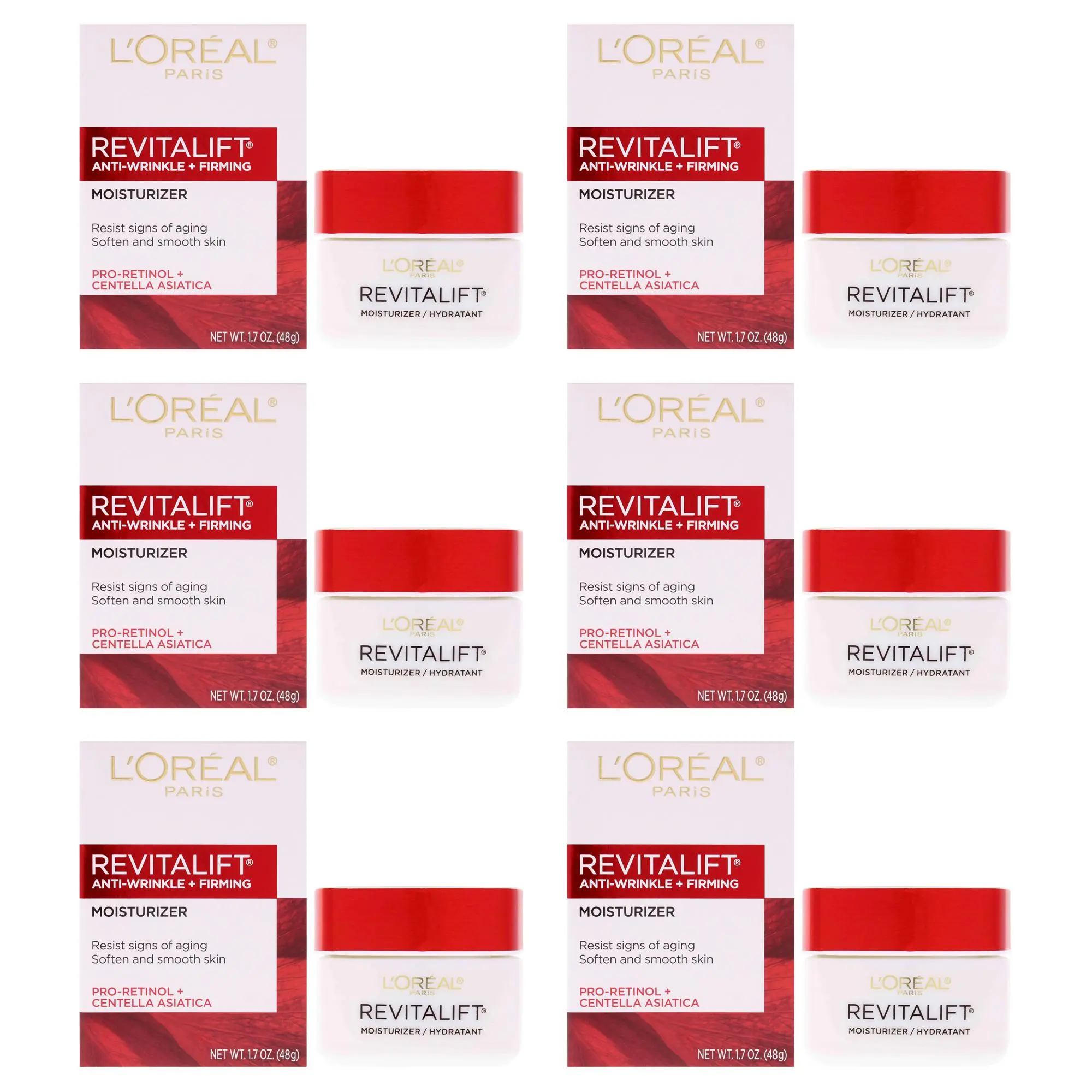 L'Oreal Paris Revitalift Anti-Wrinkle Firming Cream for Unisex Daily Face Skin Moisture, 1.7 fl oz Each, Pack of 6