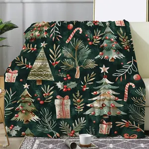 Vintage Christmas Blanket - Cozy Flannel Throw with Dark Green Holly Berries, Golden Stars, Candy Canes & Snowflakes - Soft All-Season Bedspread for Sofa, Bed, Car, Travel - Deep Red/Yellow/Green Holiday Decor (No Needed)