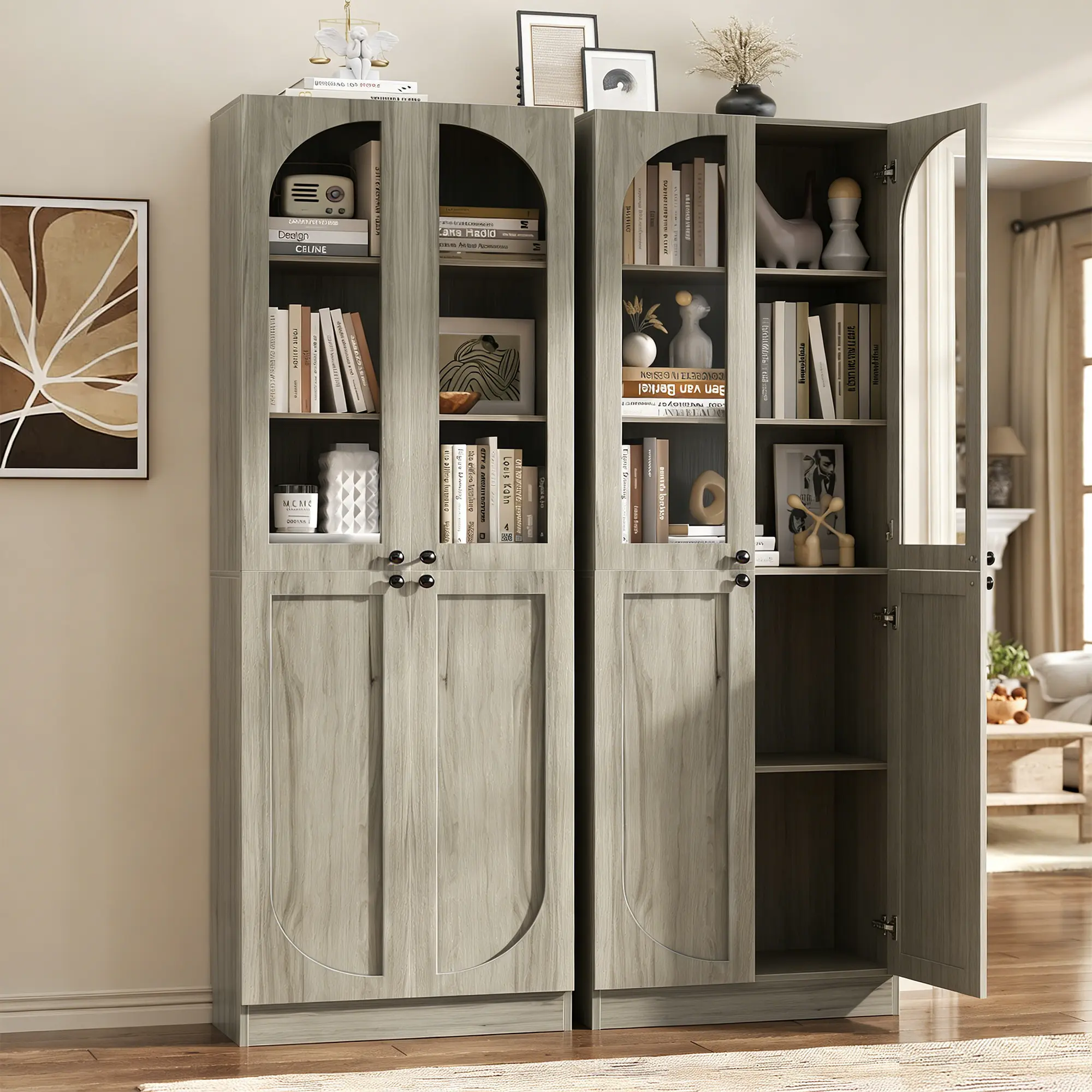 80" Tall Bookshelf with Glass Doors and Shelves, 6-Tiers Freestanding Wooden Arched Bookcase Display Cabinet for Living Room, Office and Kitchen