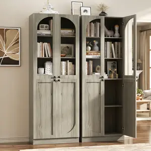 80" Tall Bookshelf with Glass Doors and Shelves, 6-Tiers Freestanding Wooden Arched Bookcase Display Cabinet for Living Room, Office and Kitchen