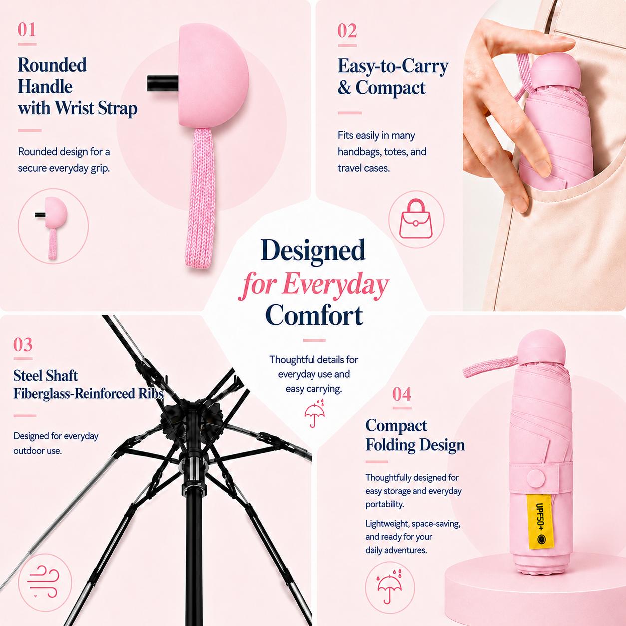 Mini Folding Pocket Umbrella, UPF50+ Sun Protection, Water-Repellent Compact Travel Umbrella with Blackout Inner Coating, Lightweight Portable Design for Purse, Mini Bag, Backpack, Car, Beach, Daily Commute, Summer Trips, Outdoor Use, Women, Men and Teens Mini Folding Pocket Umbrella, UPF50+ Sun Protection, Water-Repellent Compact Travel Umbrella with Blackout Inner Coating, Lightweight Portable Design for Purse, Mini Bag, Backpack, Car, Beach, Daily Commute, Summer Trips, Outdoor Use, Women, Men and Teens