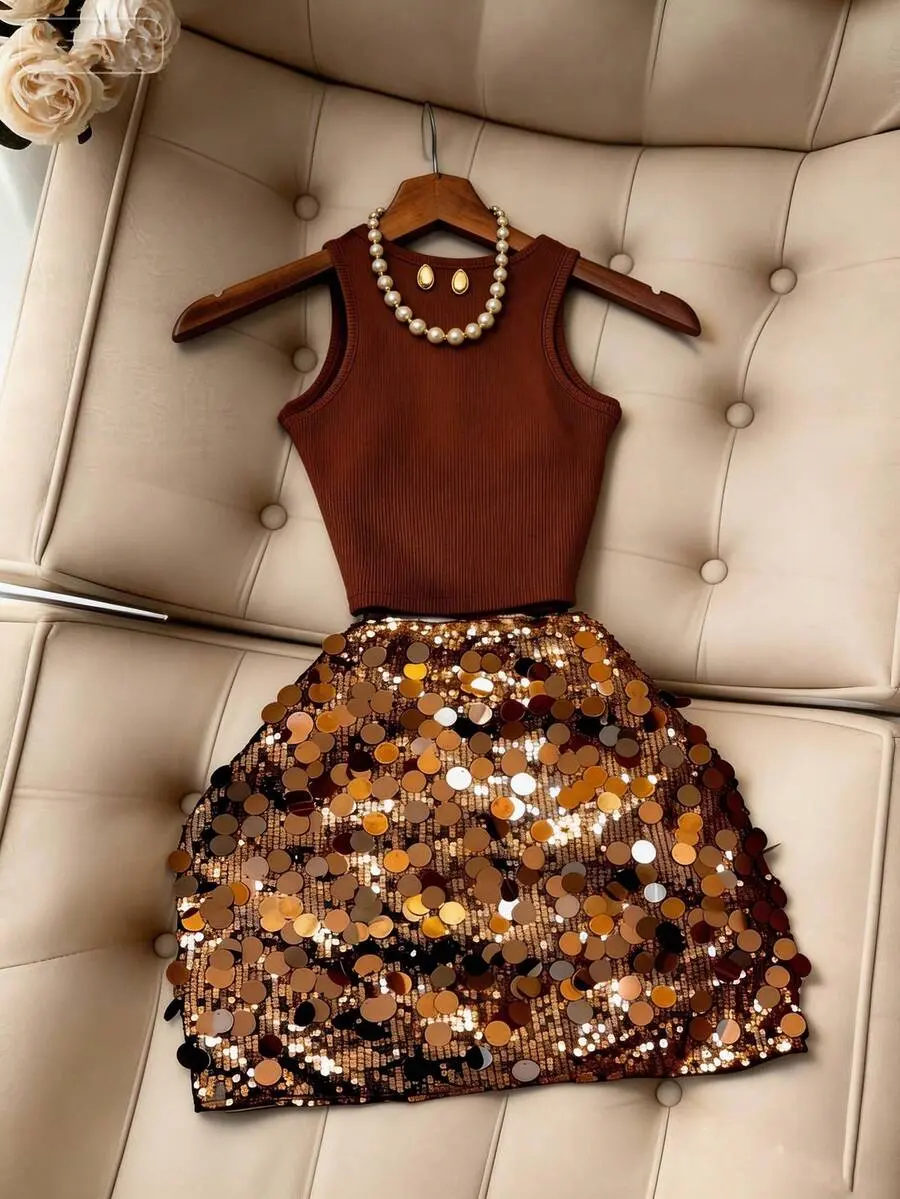 Franclia Women 2 Pieces Outfit Brown And Gold Sequin Mini Skirt Set,Slim Fit Crew Neck Tank Top,Elegant Autumn Night Out Summer Beach Vacation Holiday Clothes