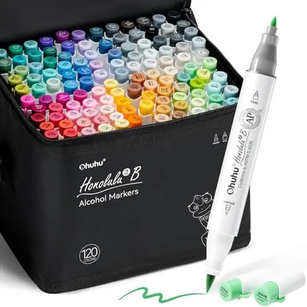 Ohuhu Alcohol Markers: Brush & Chisel / Fine - 120 Colors for Adult Coloring Refillable | AP Certified Art Marker Set, Dual Tips Alcohol-based for Artists Beginners Drawing Illustration Sketching, Honolulu 2 & 2B & 2S Series of Ohuhu
