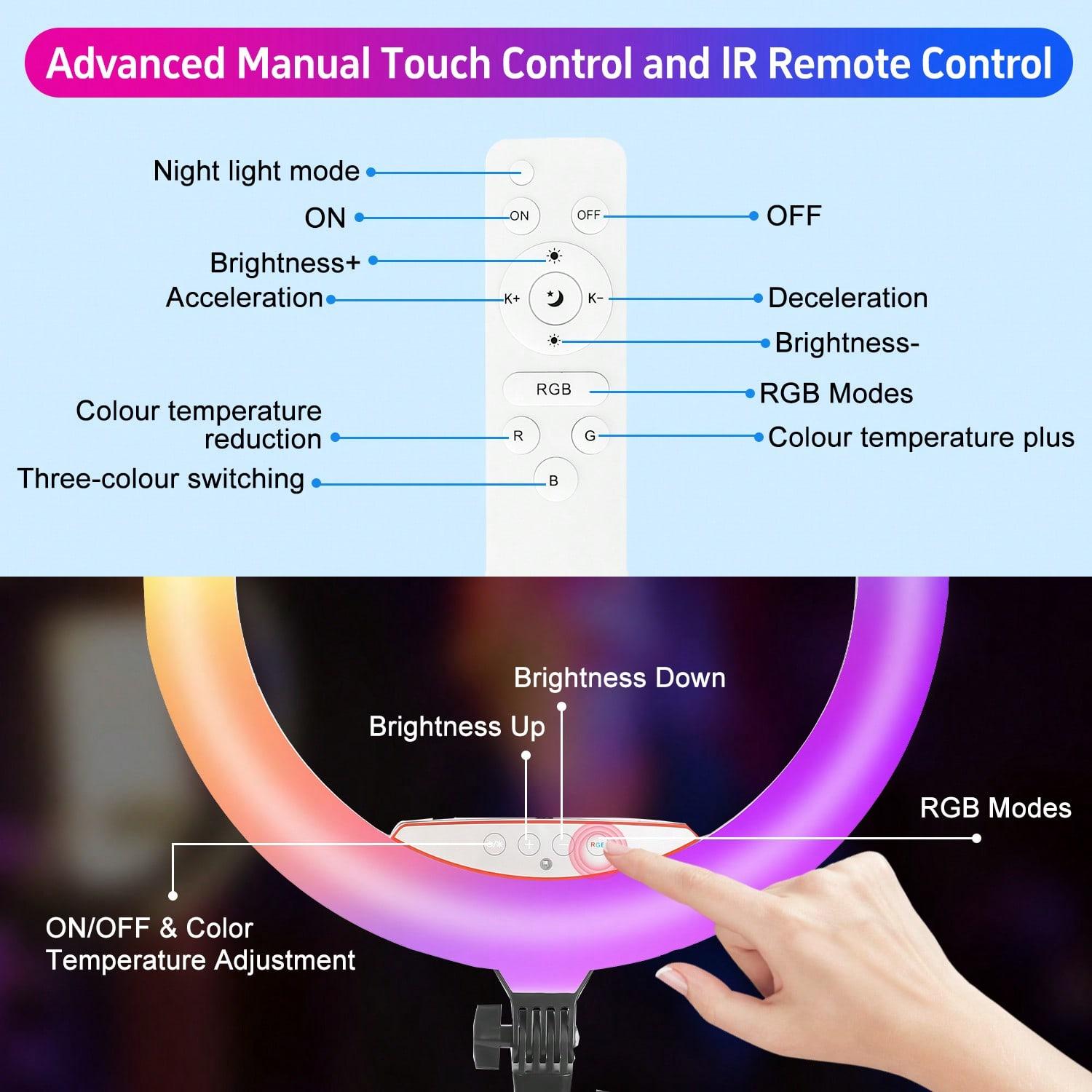 18 Inch RGB LED Ring Light with 70" Aluminum Alloy Tripod, with 1 selfie remote/3 Phone Clips/1 USB Ports, 3200-6500K Dimmable Fill Light Compatible with iPhone for Volg, Selfie Makeup, Lash Studio, Streaming Video, Recording Lighting#Spring Break
