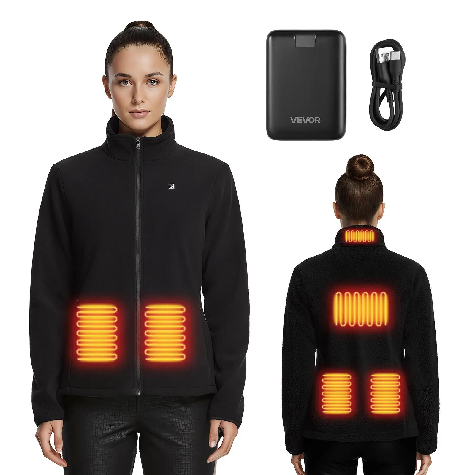 【Summerfinds】VEVOR Heated Fleece Jacket for Women,Heated Sweatshirt with 7.4V 16000mAh Rechargeable Power Bank Pack6 Heating Zones3 Temp Levels3h/6h/10h Warmthfor Winter Outdoor CampingBlack