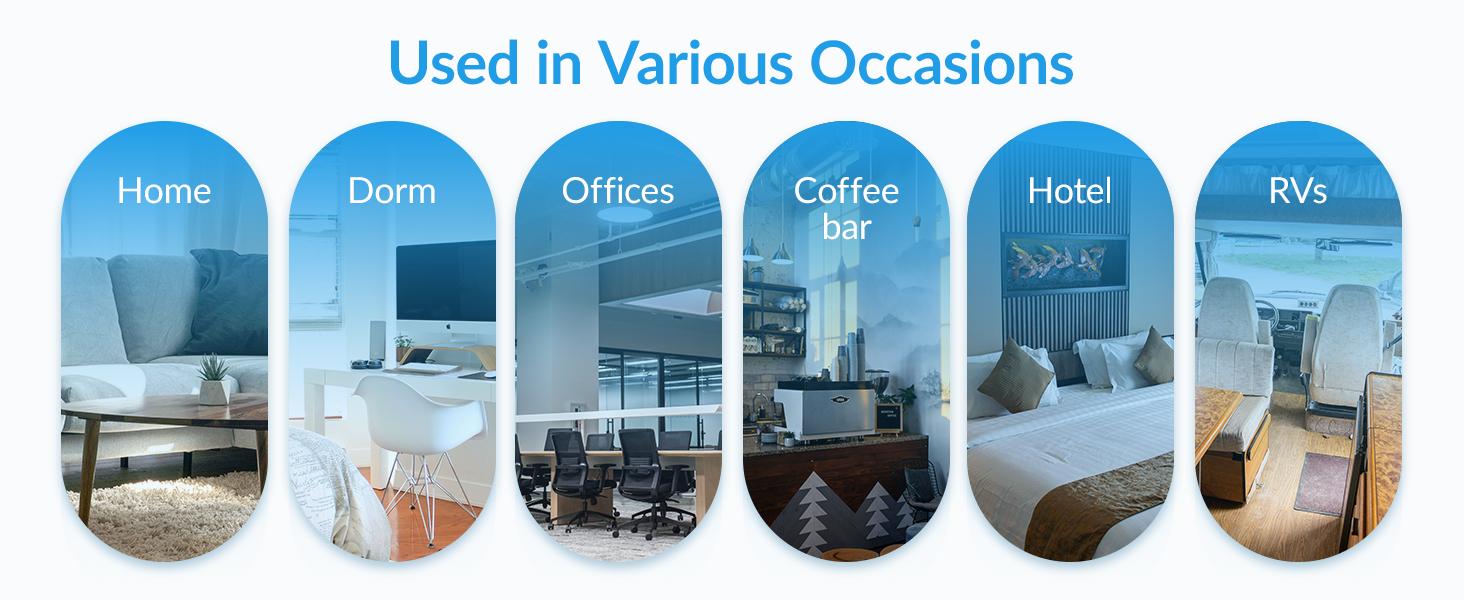 This home/bedroom air purifier features a true HEPA 3-in-1 filter, sleep mode, aromatherapy function, 3 light modes, and 3 timers. It is suitable for use in offices, dormitories, and hotels.