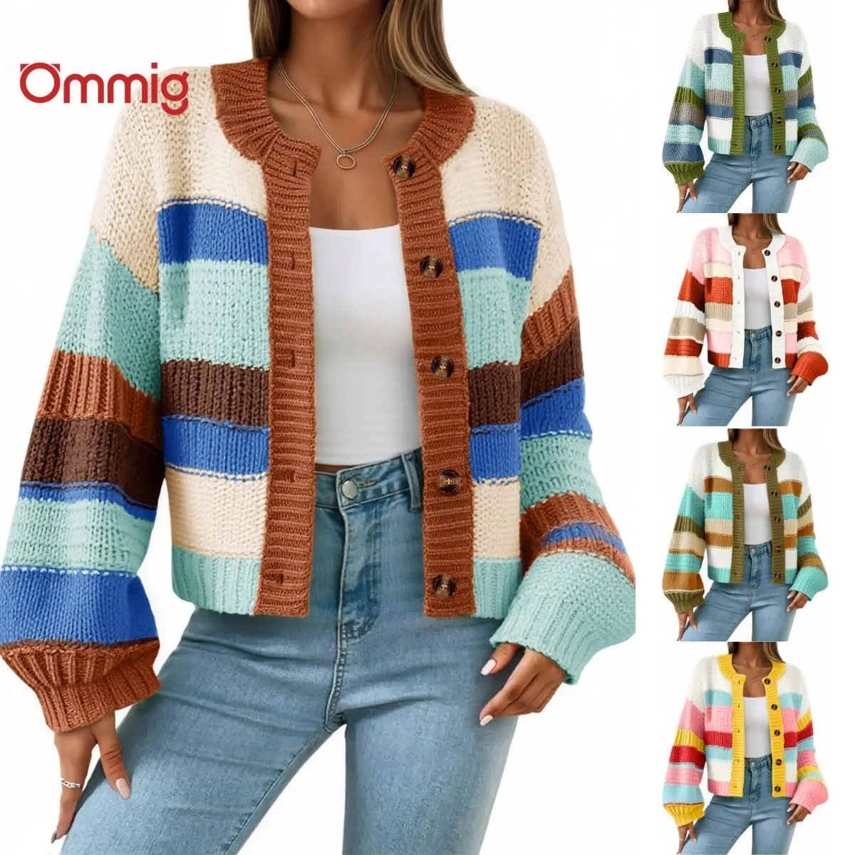 Ommig Women's Striped Colorblock Chunky Knit Cardigan, Comfortable Open Front Knitwear with Long Sleeves, Knitting, Breathable, Crew Neck, Chunky Look, Lady, Round Neck, Breathable Fabric, Button
