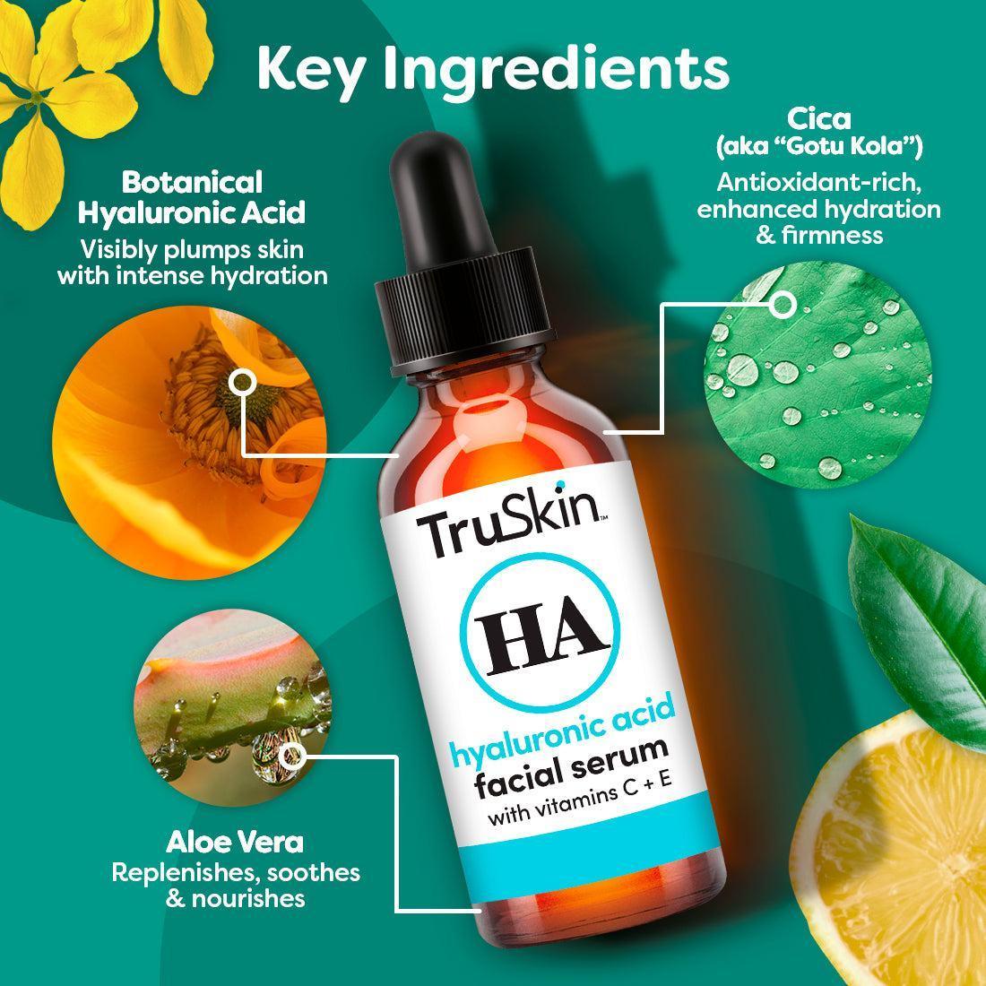 TruSkin Hyaluronic Acid Serum for Face - Hydrating Moisturizer with Vitamin C & Green Tea to Restore, Plump, & Firm Skin - Dermatologist Tested - Cruelty Free - Formula designed for moisturizing and ultra hydration.