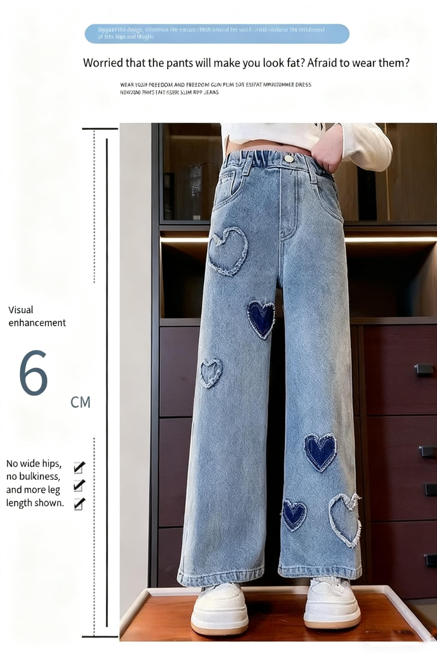 Girls' Jeans Spring and Autumn New Loose Casual Straight Leg Wide Leg Jeans with Heart Love Patch Design