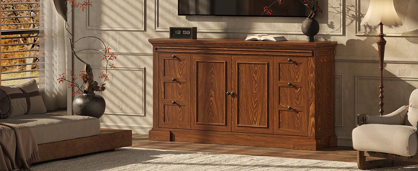 【SPRING GLOW UP】ONBRILL Sideboard Buffet Cabinet with Storage, 63" Large Credenza Kitchen Storage Cabinets with Drawer and Door, Wood Coffee Bar Table with Adjustable Shelf for Living Room, Kitchen, American Retro 【SPRING GLOW UP】ONBRILL Sideboard Buffet Cabinet with Storage, 63" Large Credenza Kitchen Storage Cabinets with Drawer and Door, Wood Coffee Bar Table with Adjustable Shelf for Living Room, Kitchen, American Retro