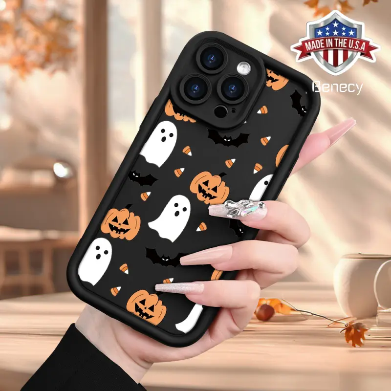 Halloween Pretty Cute Little Ghost Pumpkin Head Pattern Mobile Phone Case, Frosted Texture Sky Eye Step Groove, Comfortable Grip Protective Cover for iPhone 16/15, Unisex Phones & Electronics Accessories, Cellphone