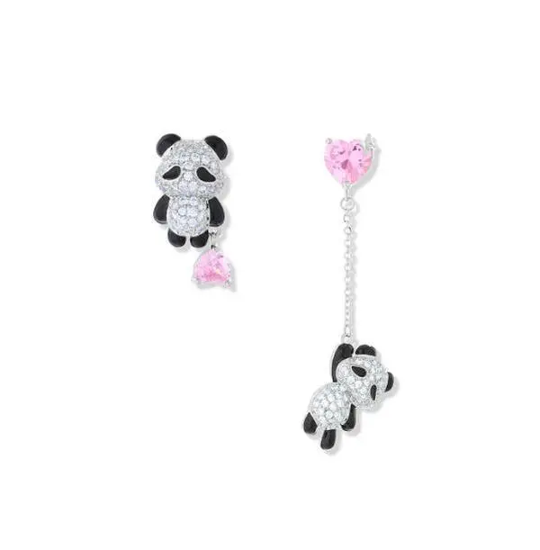 OUFER BODY JEWELRY Shiny CZ Cute Panda Asymmetrical Earrings, 2-Piece Sets, Stylish Accessories for Women, Girly Feminine Items, Ideal Women's Gifts, Womens Gifts, Cute Girly Gifts