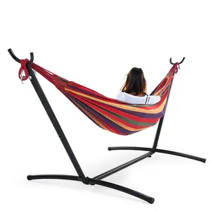 Double Hammock with Steel Stand & Carrying Bag – 450lbs Capacity Adjustable Height Hammock, Polyester-Cotton Fabric Portable Outdoor Hammock for 2 Adults, Sturdy Steel Frame for Stability, Easy Assembly & Portability