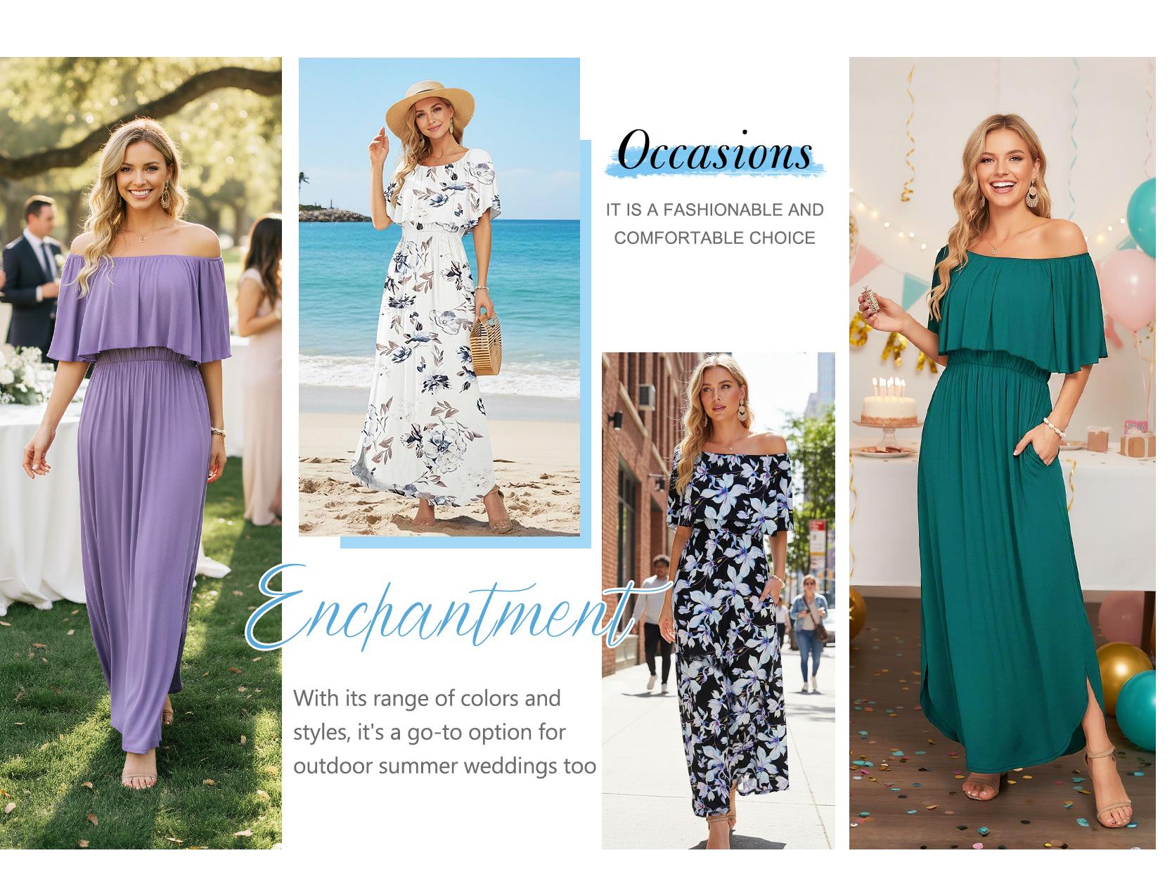 AUSELILY Womens Off The Shoulder Dress Wedding Guest Dress Summer Casual Long Ruffle Party Side Split Beach Maxi Dresses with Pockets SpringStatements