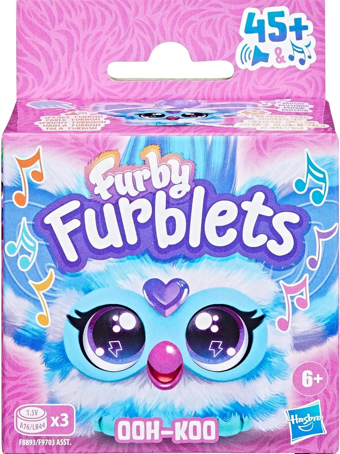 Furby Furblets Ooh-Koo Mini Electronic Plush Toy, Rock Music-Themed, Furbish-Only Speaking Interactive Pet, Blue & White, for Kids Ages 6+, Interactive Play, Batteries, Plush Fabric