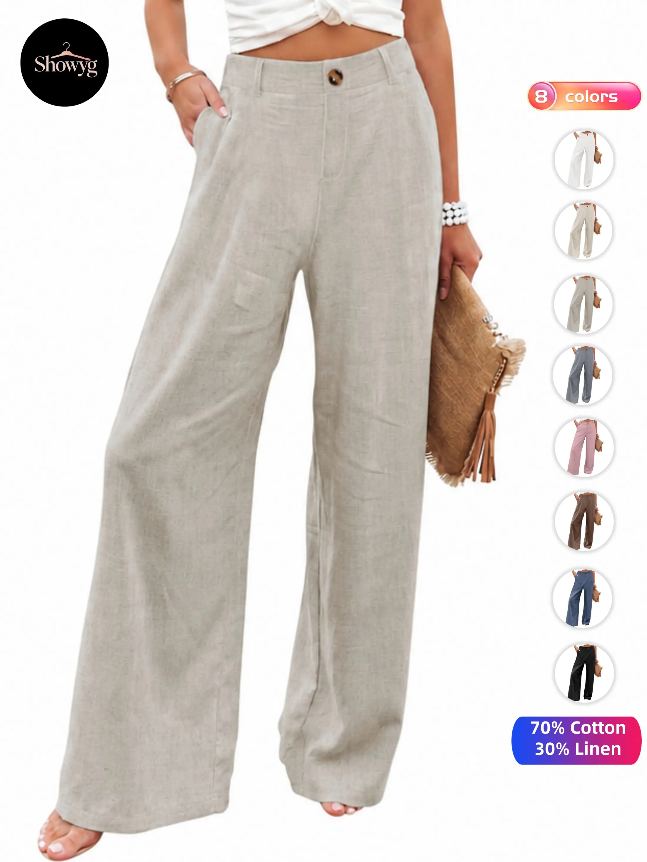Showyg Women's Linen Pants, Casual High Waist Wide Leg Fit with Pockets, 70% Cotton 30% Linen for All Seasons Business Wear, Bottoms, Loose, Linen Pants Women,clothes for back to school,first day of school outfits