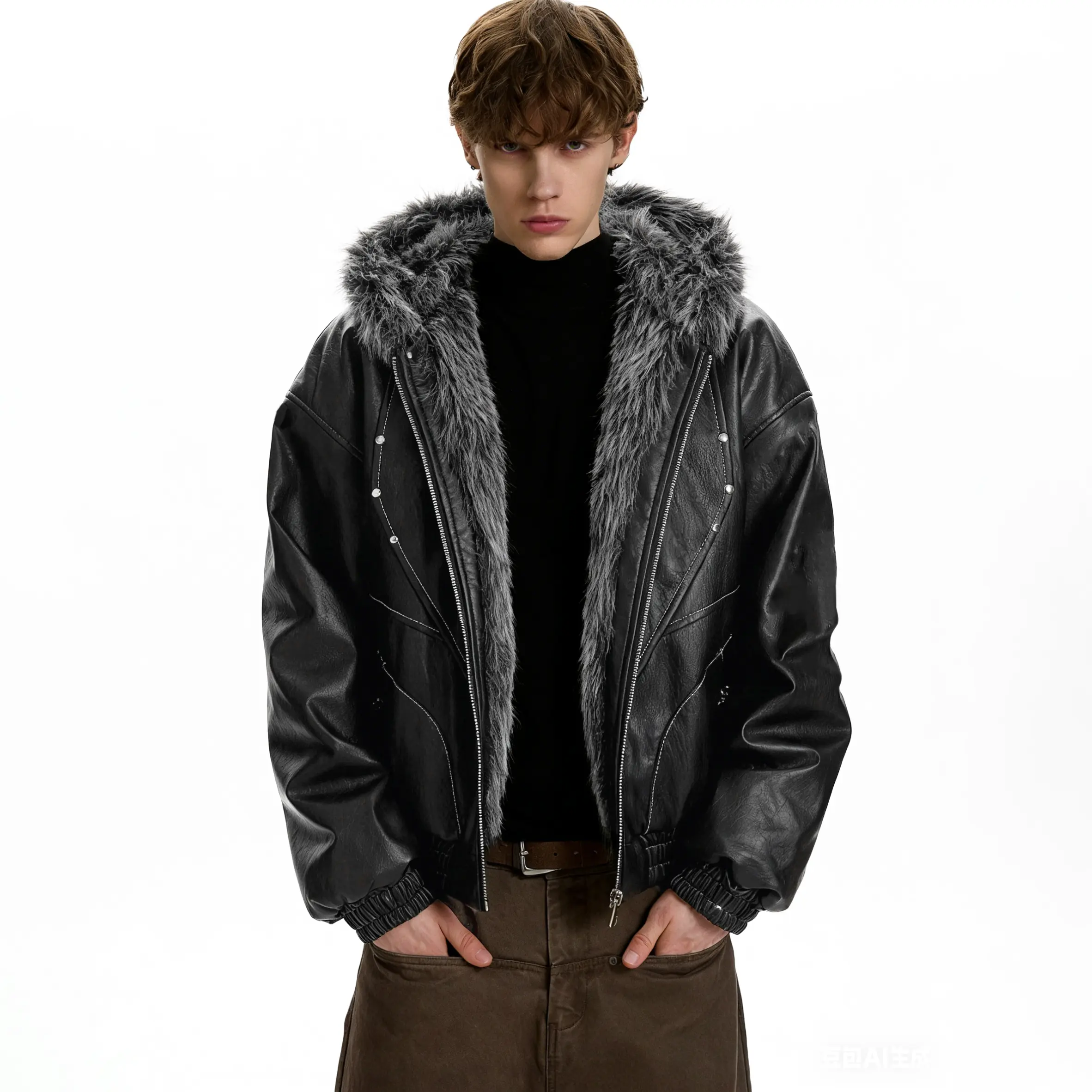 inflation Men's Studded Faux Leather Tops, Boxy Fit with a Soft Plush Crisscross Texture for Stylish Menswear Outfits, Fashion, Casual, Jacket, Chic, Boxy Cut, Plush Texture, Pull-On, Streetwear, Leather & Faux Leather