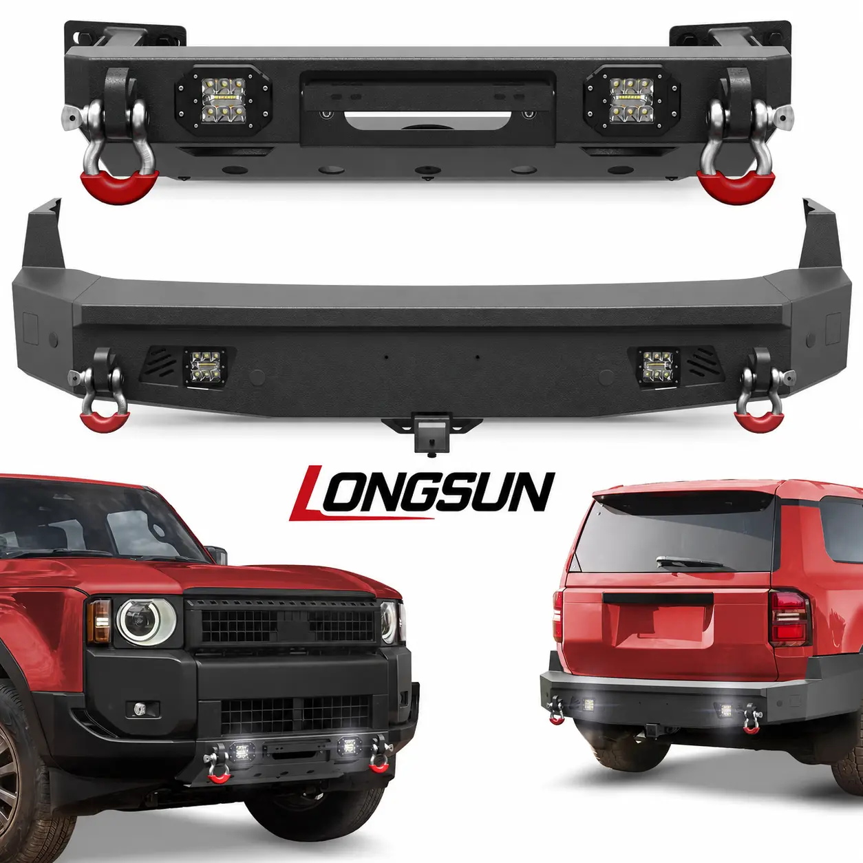 Longsun Front Bumper Set for 2024-2026 Toyota Land Cruiser Prado 250/LC250, Carbon Steel Off-Road Bumper with Winch Plate, LED Lights, D-Rings, Hitch Receiver, License Plate Bracket for Heavy-Duty Use & Night Driving