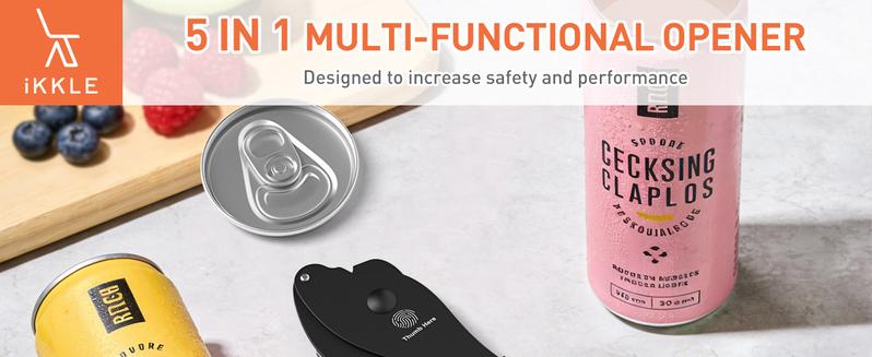Ikkle All-Purpose Portable Can Opener Ideal for 7.5 to 25 oz. cans of beer, soda, and wine Beer bottle opener Kitchen essential Smooth aluminum surface Effortlessly opens cans without leaving debris Safe and portable Reliable non-slip design