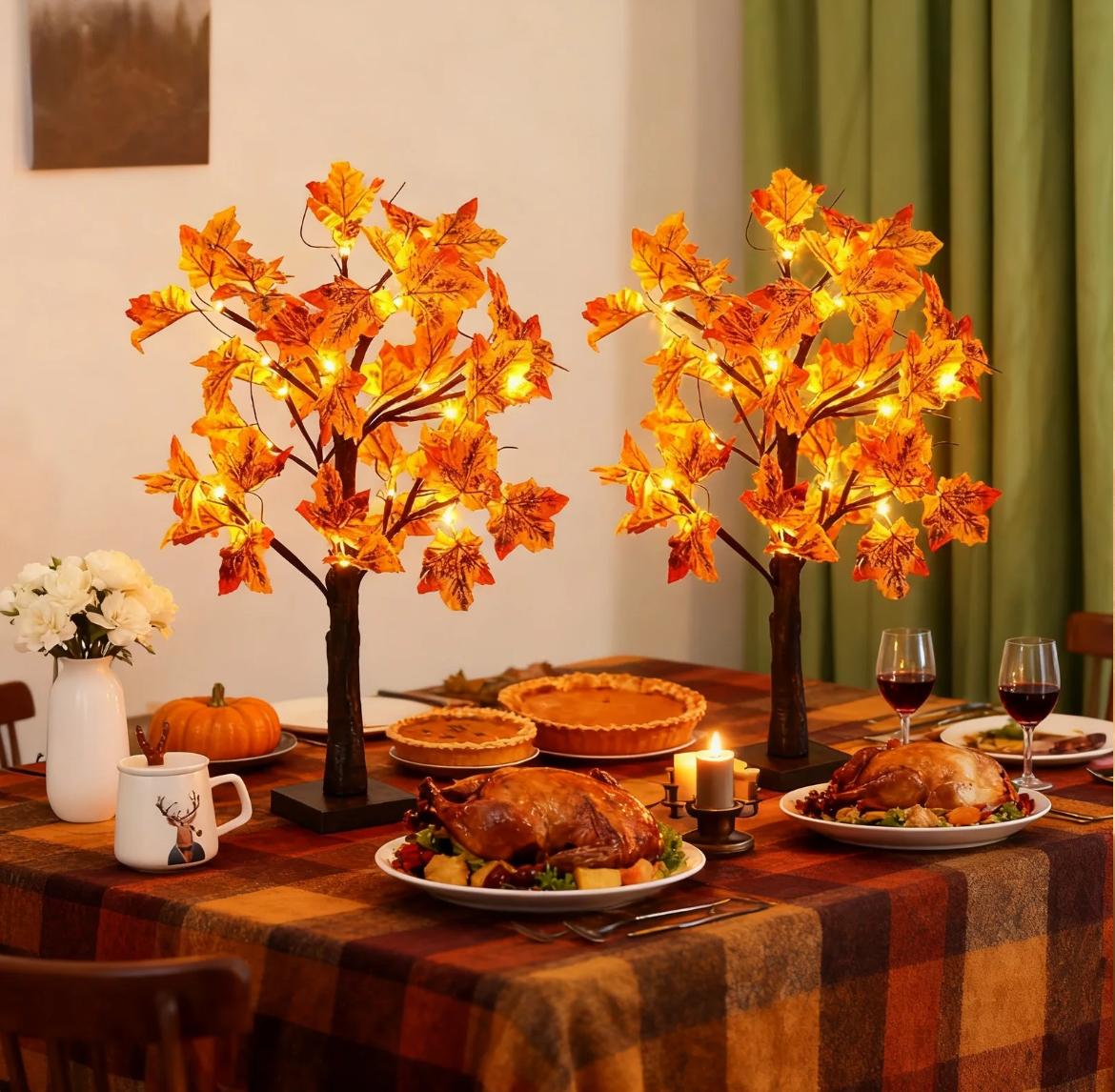 2-Piece LED Tree Lights with Maple Leaves for Christmas Halloween & Thanksgiving Home Decor Night Lights Battery-Powered USB Control Art Deco Style Floral Design