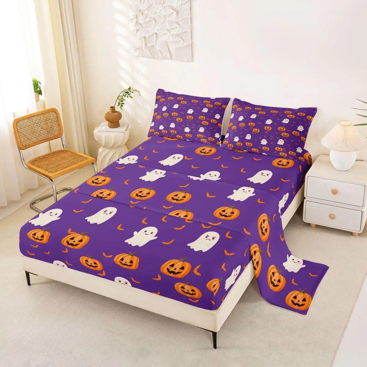 Pumpkin Lantern Sheet Set Halloween Bed Sheets Set Room Decor Cute Ghost Sheets with Deep Pocket Fitted Sheet Women Men Purple Bedding Set