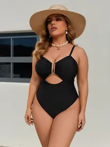 Parthenope Plus Size Black Sexy One Piece Swimsuit Deep V Ruched Cutout Gold Ring High Waist Monokini Bathing Suit