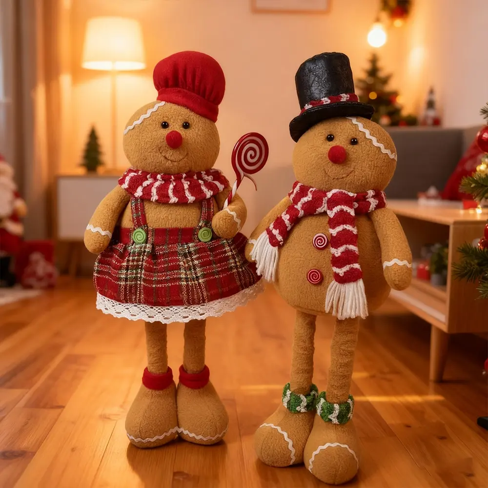 Christmas Gingerbread Man Decoration, Expandable Legs, Smiling Face, Button Eyes, Plaid Scarf, Outdoor Tree Decor, Fireplace Mantel, Cute Ornament, Tree Ornaments