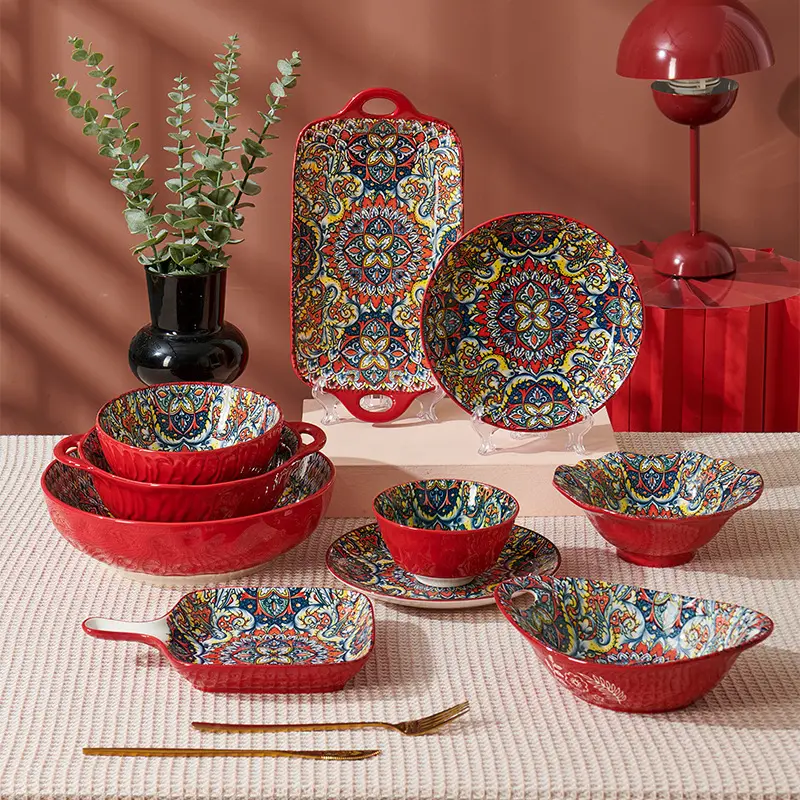 Bohemian Ceramic Dinnerware Set, Vintage Hand-Painted Plates, High Heat Resistant, Christmas Decorations, Home Tableware, Bohemian Style Tableware, Party & New Year Gift, Porcelain Dinnerware Sets, Porcelain Dishes Set