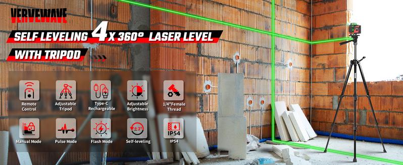 Vervewave Self-Leveling Laser Level MW316G-T with Tripod 4x360° Green Line Rechargeable Battery Remote Control Touch Operation for Picture Hanging Tiling DIY Projects Portable Bag Included Vervewave Self-Leveling Laser Level MW316G-T with Tripod 4x360° Green Line Rechargeable Battery Remote Control Touch Operation for Picture Hanging Tiling DIY Projects Portable Bag Included