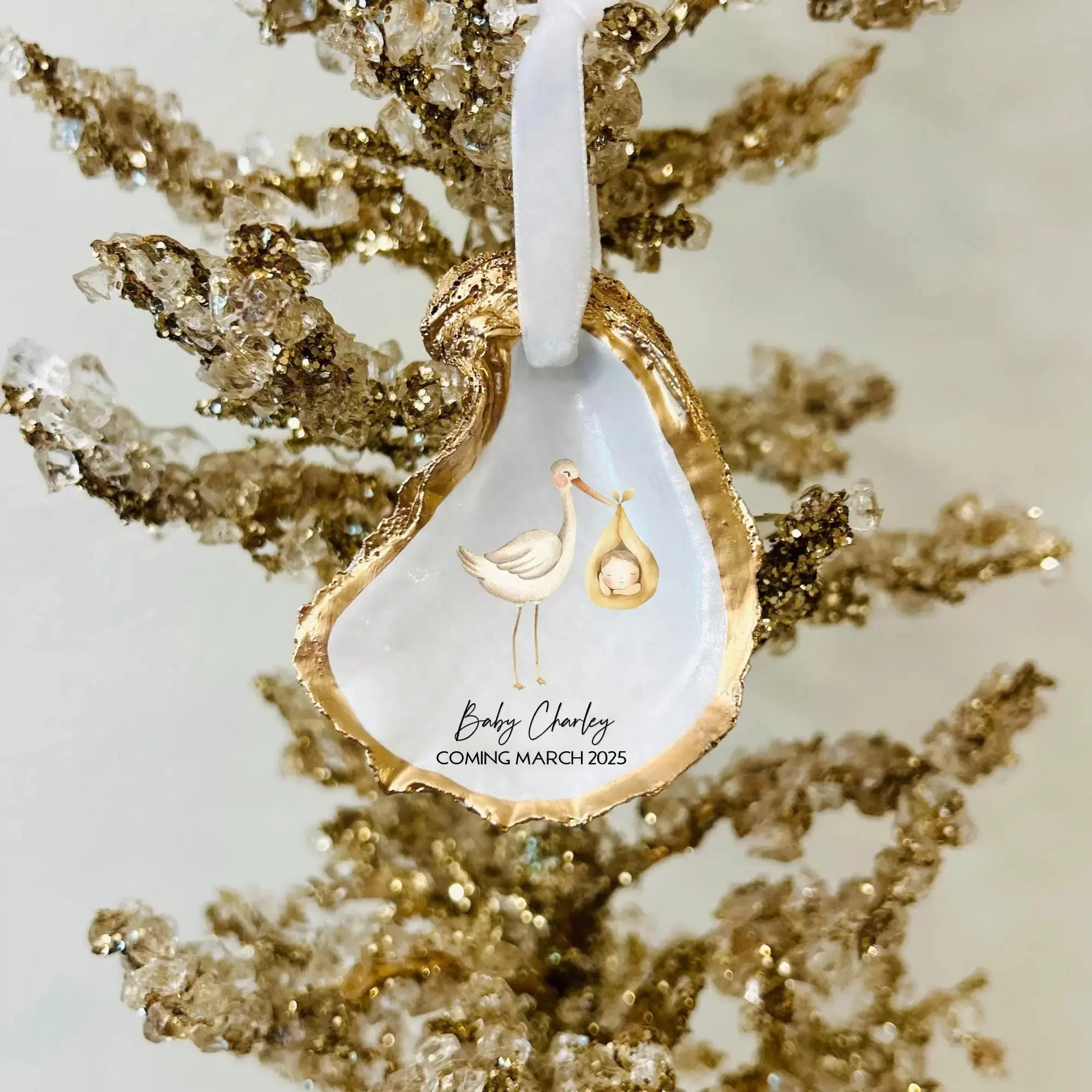 Neutral Baby Stork Announcement Ornament