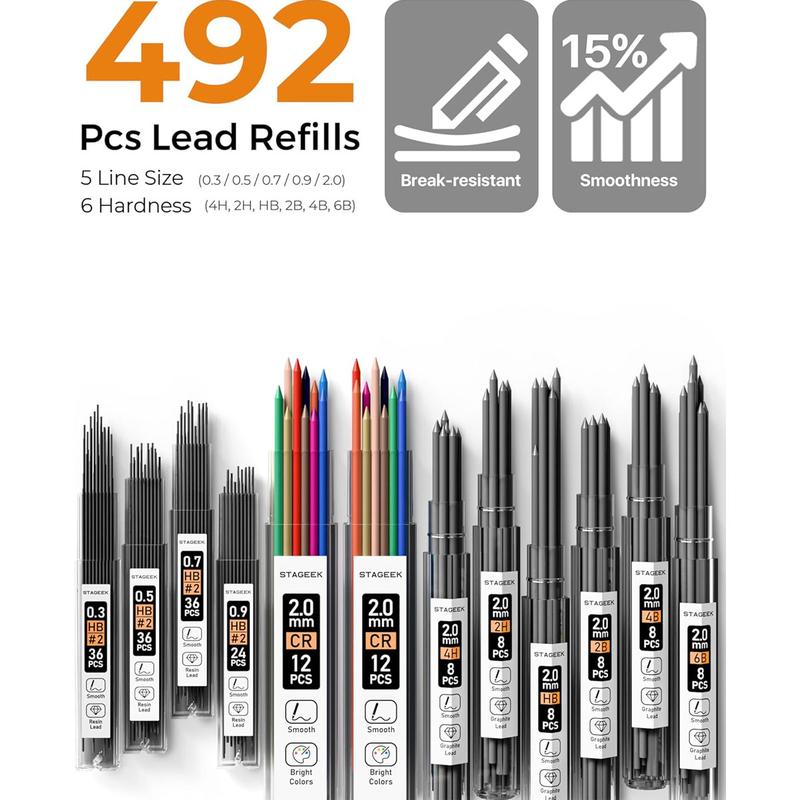 STAGEEK 6 Pack Art Mechanical Pencil Set, Drafting Pencil,3Pack Metal Drafting Pencil 0.5 mm & 0.7 mm & 0.9 mm & 3Pack 2mm Graphite Lead Holder (2B HB 2H)  with 492PCS Leads (6B 4B 2B HB 2H 4H Color)For Writing, Sketching Drawing With Lead Refills Case