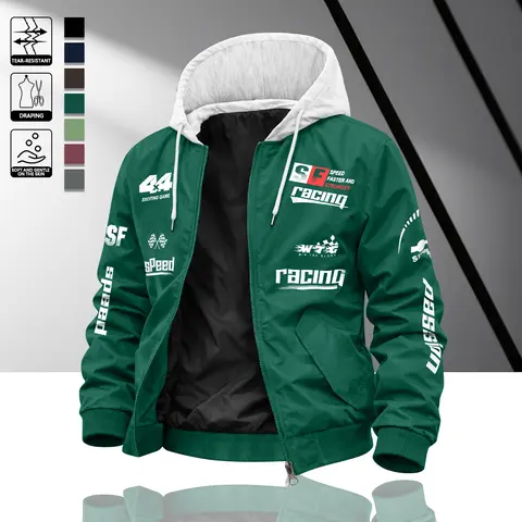 Men's Hooded Jacket with Racing Theme, Tear Resistant Fabric, Multiple Element Print, Colorblock Hood, Functional Pockets, Street Cool Style, Perfect for Casual Outings, Eye Catching Design, Ideal Choice for Spring and Summer Wear