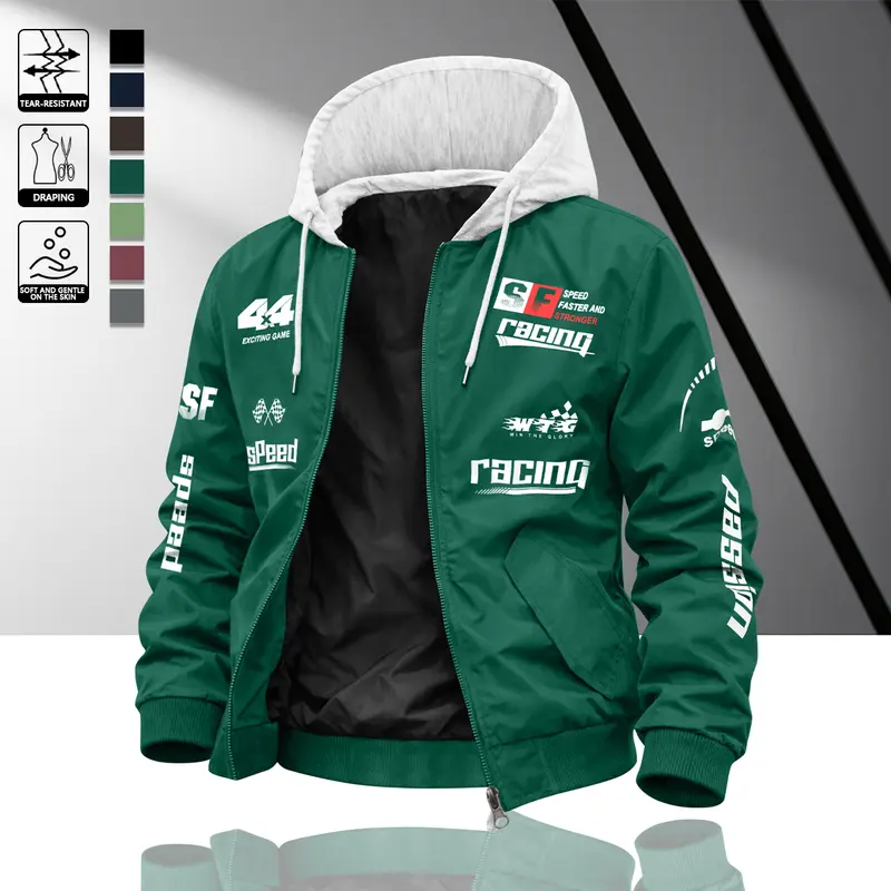 Men's Hooded Jacket with Racing Theme, Tear-Resistant Fabric, Multiple Element Print, Colorblock Hood, Functional Pockets, Street Cool Style, Perfect for Casual Outings, Eye-Catching Design, Ideal Choice for Spring and Summer Wear