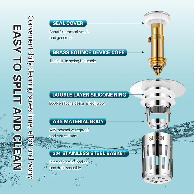 Bathroom Sink Drain Stopper, Universal Pop Up Drain for Bathroom Sink Replacement, Sink Drain Cover with Anti-Clogging Filter Basket Hair Catcher, Sink Drain Strainer