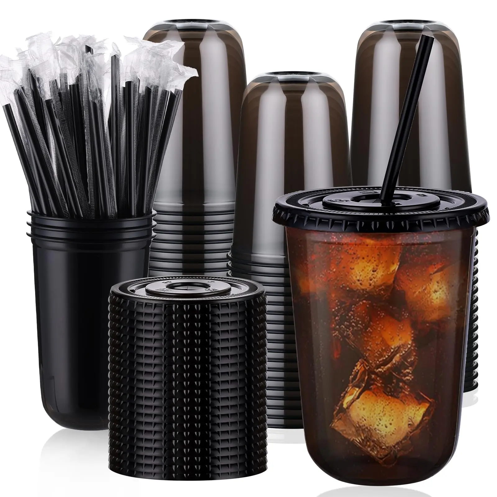 100 Sets 400ml Black Transparent Plastic Cups with Lids and Straws  Disposable Iced Coffee Cups Perfect