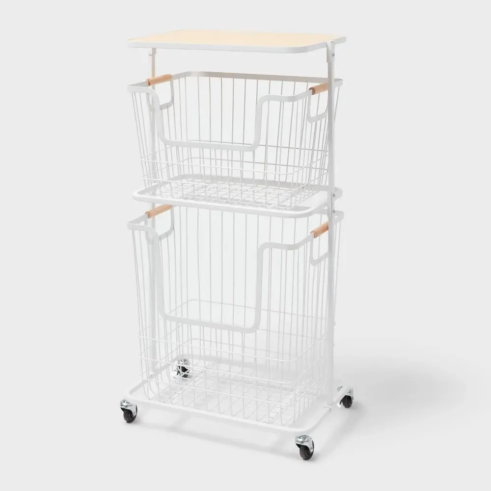 Brightroom White Wire Wood Basket Cart with Iron Frame & Rolling Wheels - 2-Compartment Organizers and Storage for Sports & Outdoor, Camping & Hiking Needs, Two Compartment
