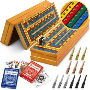 Cribbage Board Game Set with Storage – Wooden 4 Track Cribbage Board for 2–4 Players with Metal Pegs & Playing Cards – Classic Travel & Home Board Game