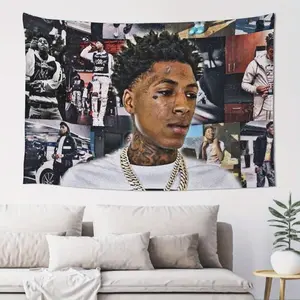 1 piece of Young Music Never Rapper's "Broke Again" tapestry, a vibrant wall decoration that is perfect for decorating rooms, living rooms, and rap artist's rooms. bedroom decor cool stuff for room tapestry mens room decor trippy room decor