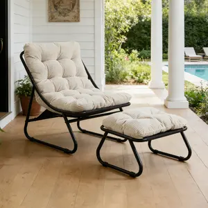 Patio Outdoor Lounge Chair with Ottoman, Comfy Sling Recliner Chair with Puffy Cushion and Foot Stool, Black frame with white cushion for Porch Balcony Garden Backyard