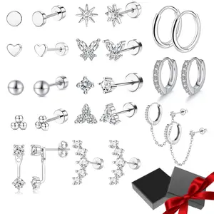 Hypoallergenic Flat Back Cartilage Earrings Set - Surgical Steel for Sensitive Ears, Trendy Earring Stacks Small Hoop & Stud for Multiple Piercings