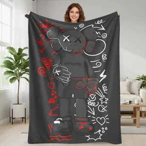 kaws Modern Graffiti Character Flannel Blanket  Abstract Street Art Design with Bold Red and White Accents  Soft Warm Cozy Lightweight Durable for Bedroom Sofa Office Gift Home Decor