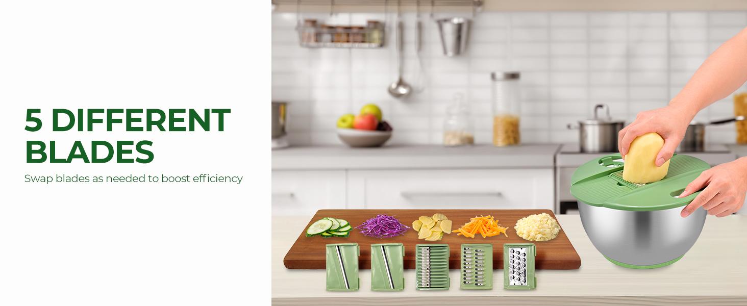 PUKOMC 5 in 1 Large Salad Spinner Dehydrator with Vegetable Chopper, Drainer, Bowl & Colander, Multifunctional Kitchen Utensils - Stainless Steel for Fruit